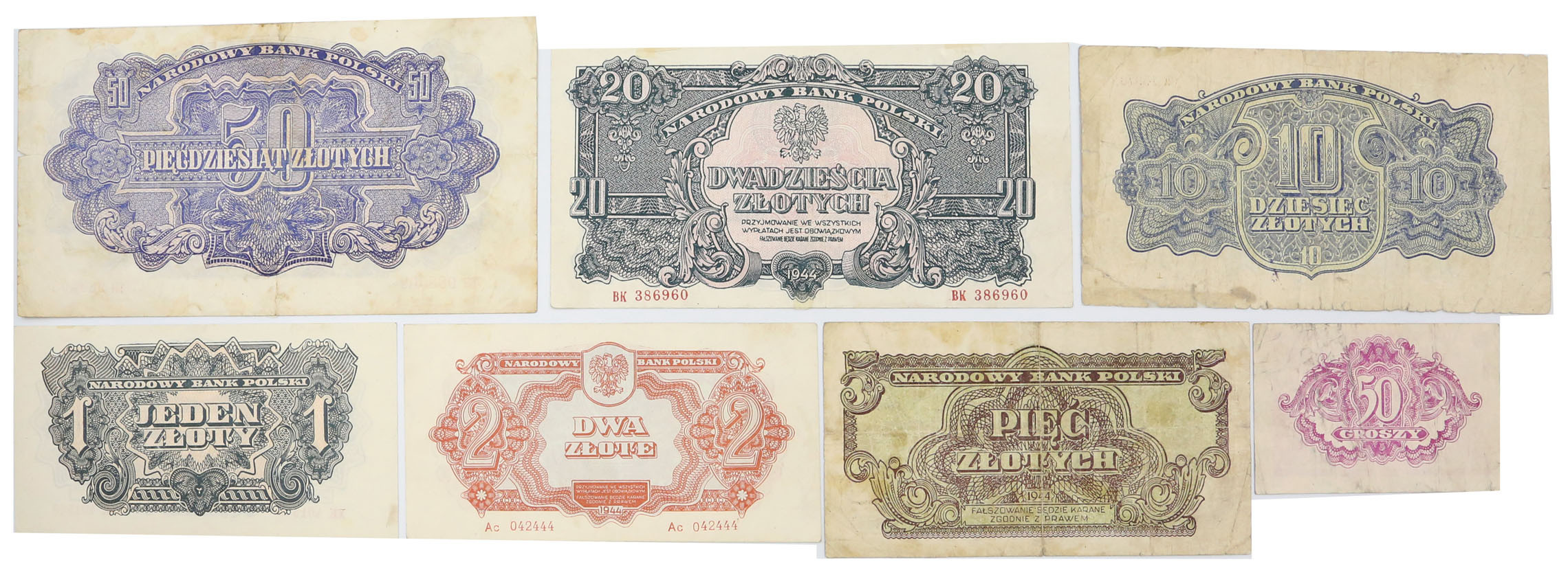 Zestaw rocznikowy 7 banknotów 50 groszy do 50 złotych 1944